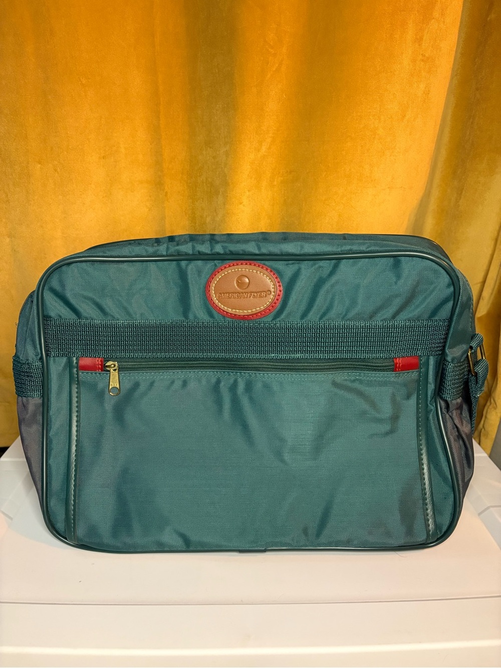Vintage Green Messenger Bag with Red Accents -American Flyer
